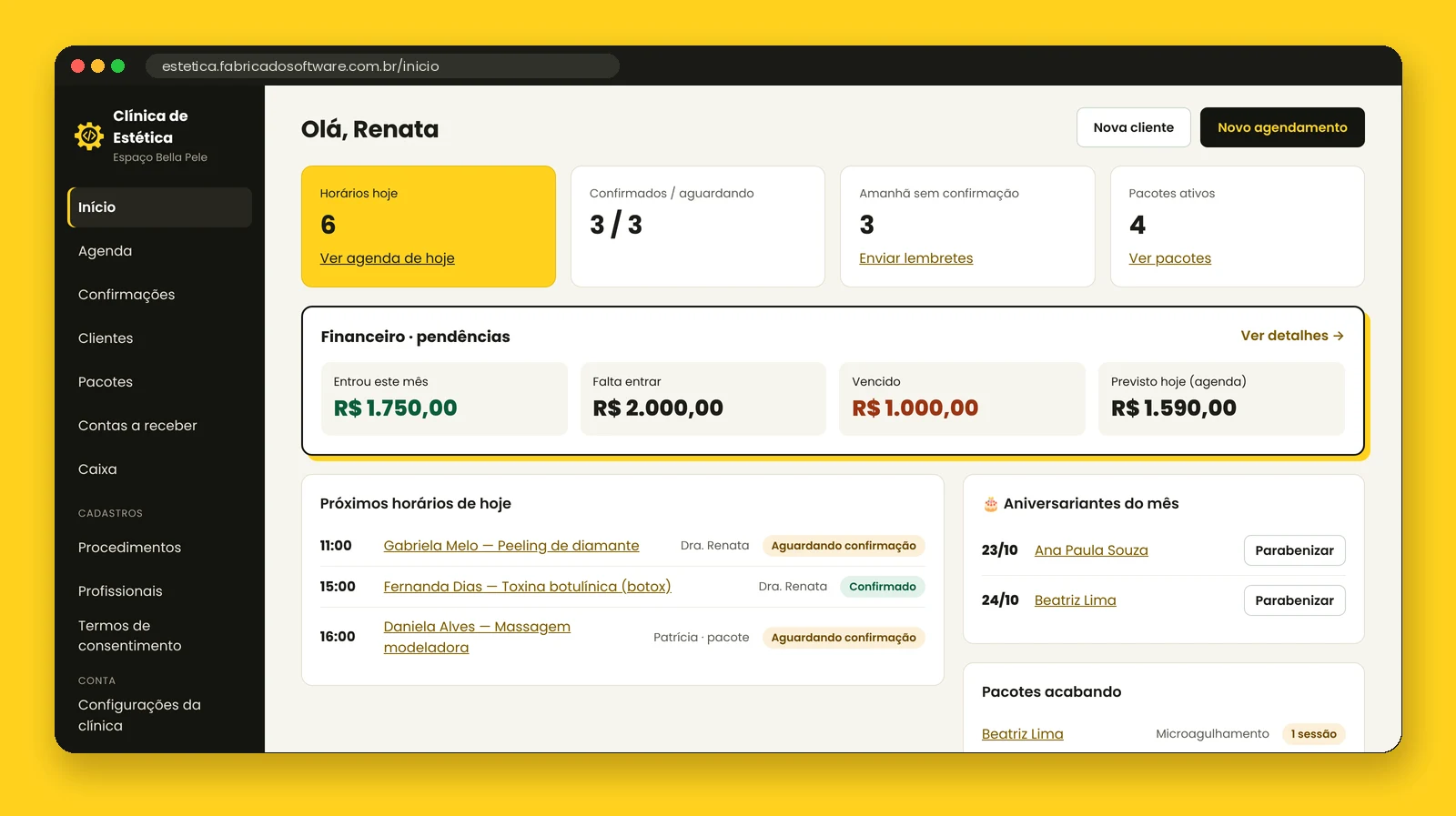 Início: horários de hoje, financeiro, aniversariantes e pacotes acabando