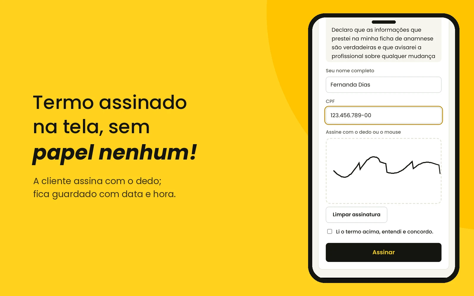 Termo de consentimento assinado com o dedo na tela