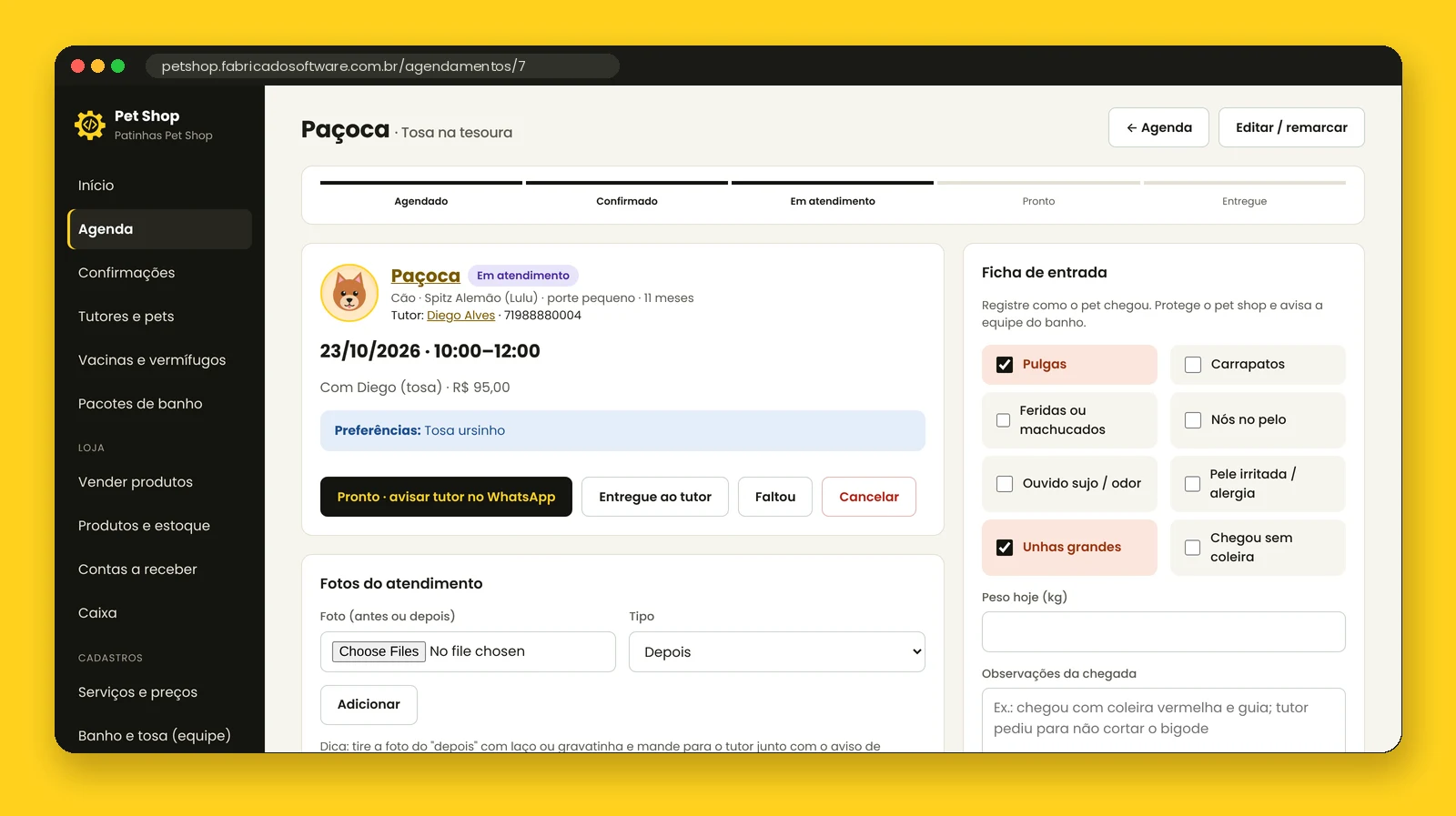 Ficha de entrada: como o pet chegou e o aviso de pronto